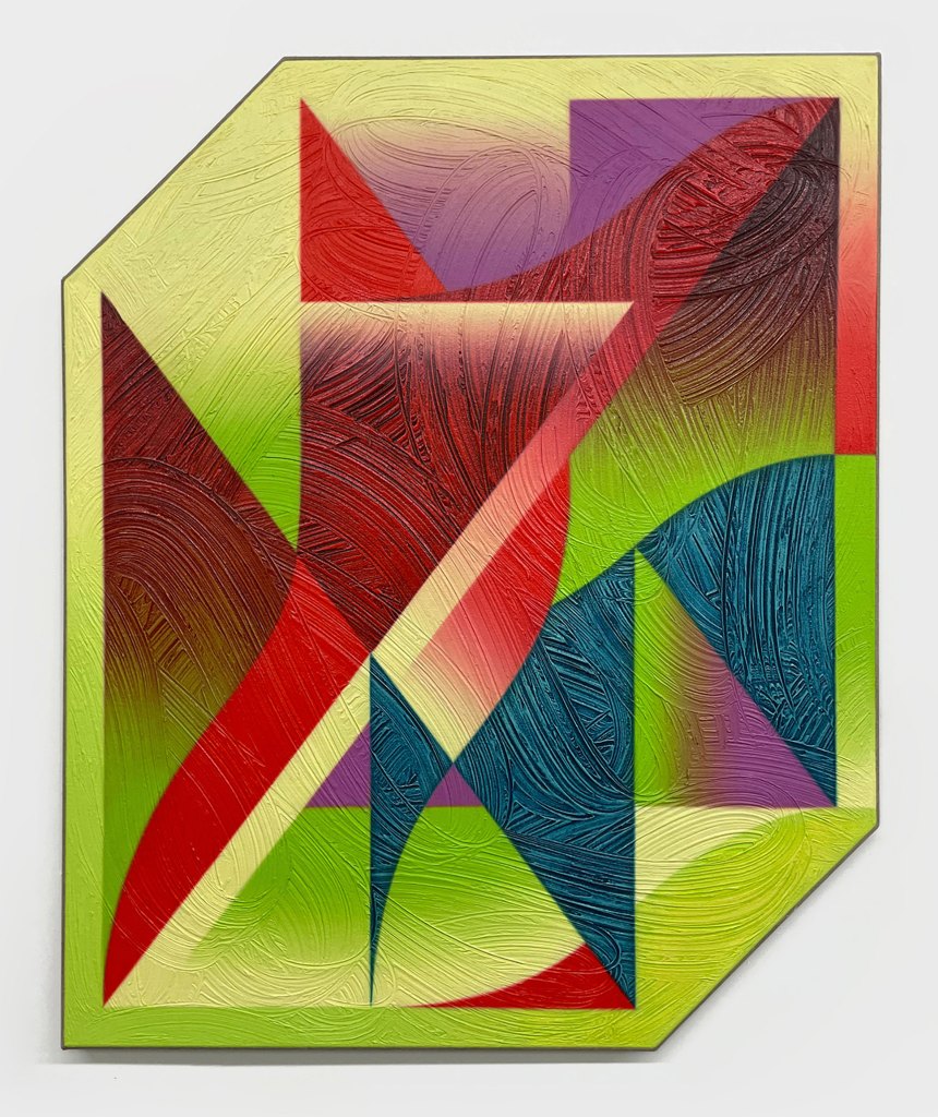 Shaped yellow abstract painting by Mariah Dekkenga.