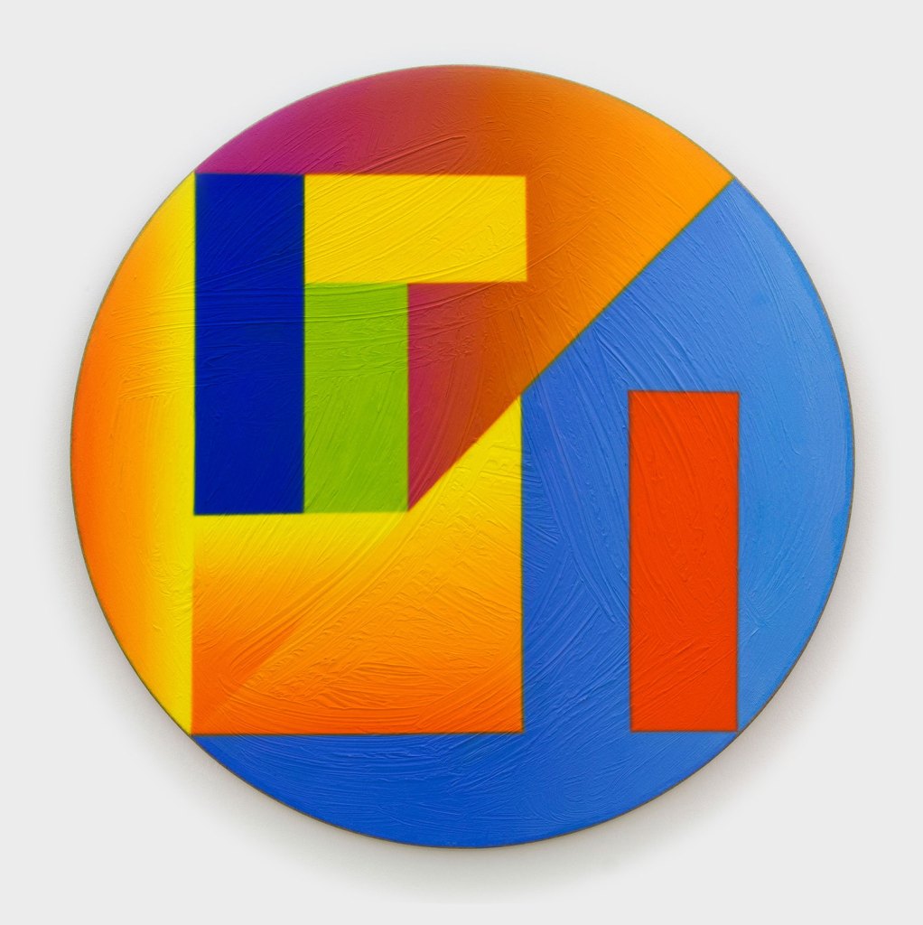 Round blue and orange abstract painting by Mariah Dekkenga